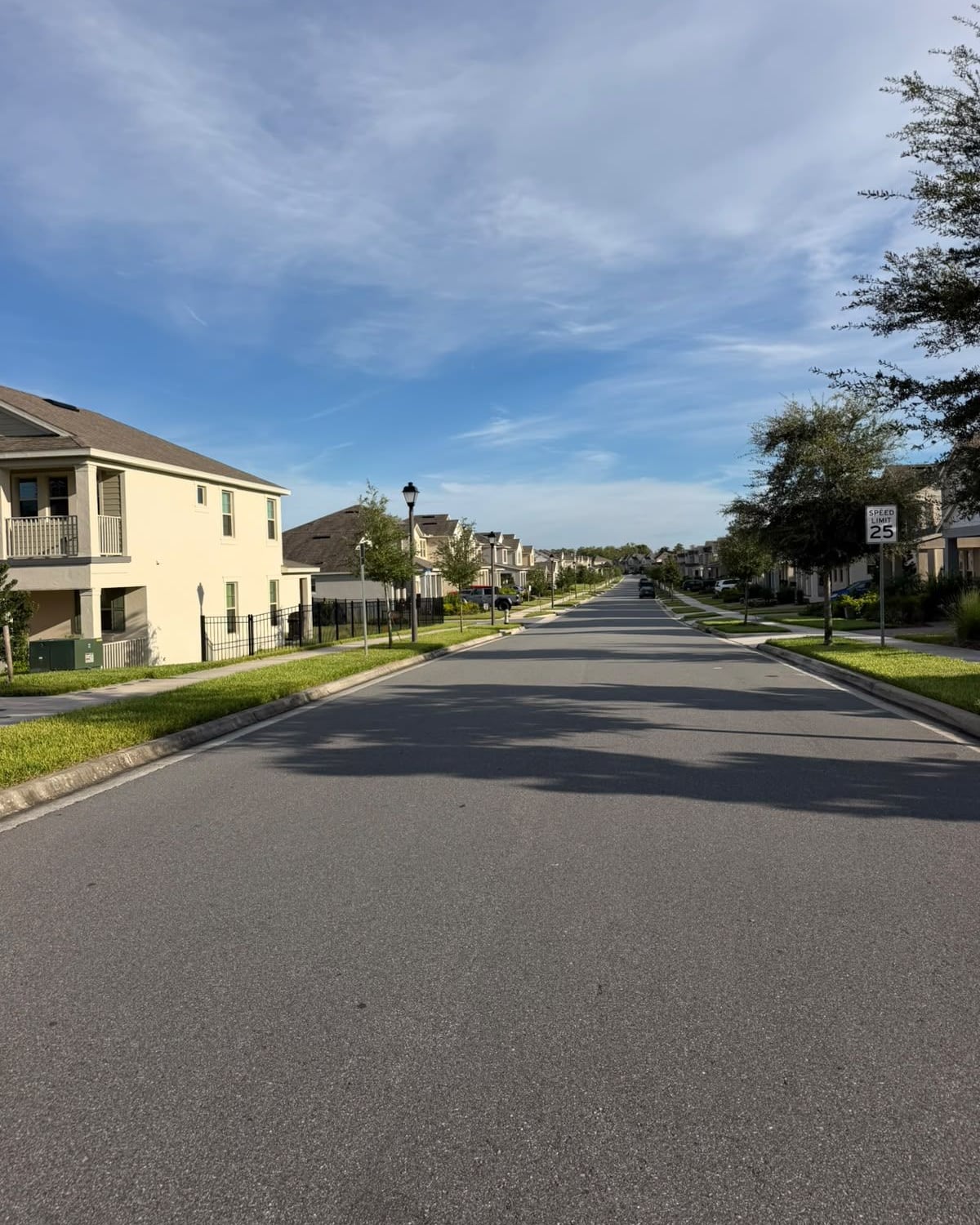 Rua residencial larga e arborizada, com casas de dois andares dos dois lados e calçada