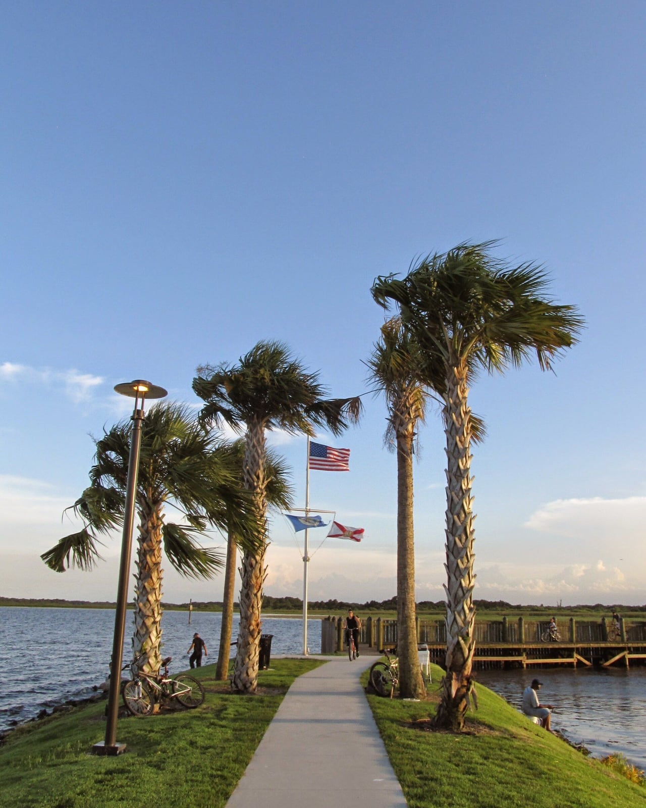 Palmeiras e bandeiras na orla do Kissimmee Lakefront Park, com o lago ao fundo